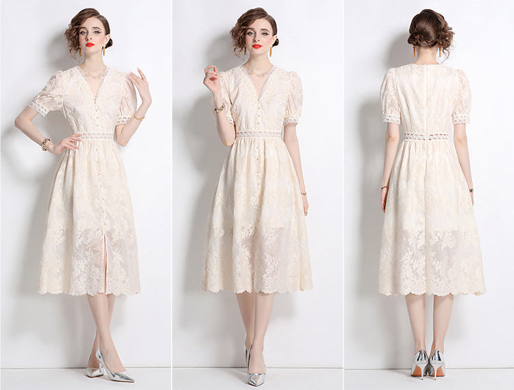Vintage V-Neck Crochet Lace Button-Down Dress