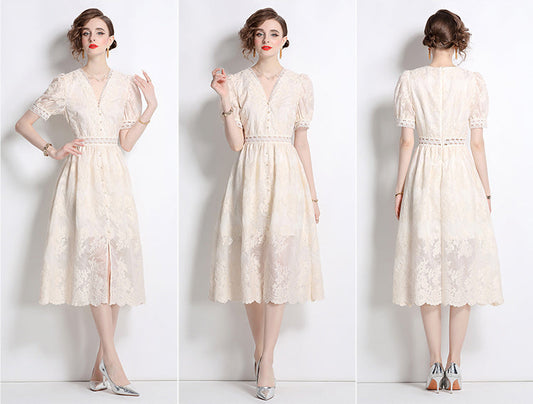 Vintage V-Neck Crochet Lace Button-Down Dress