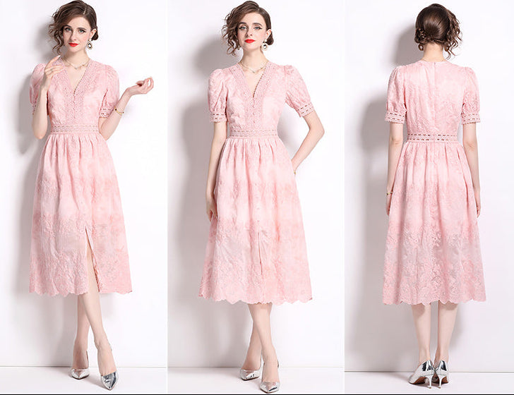 Vintage V-Neck Crochet Lace Button-Down Dress