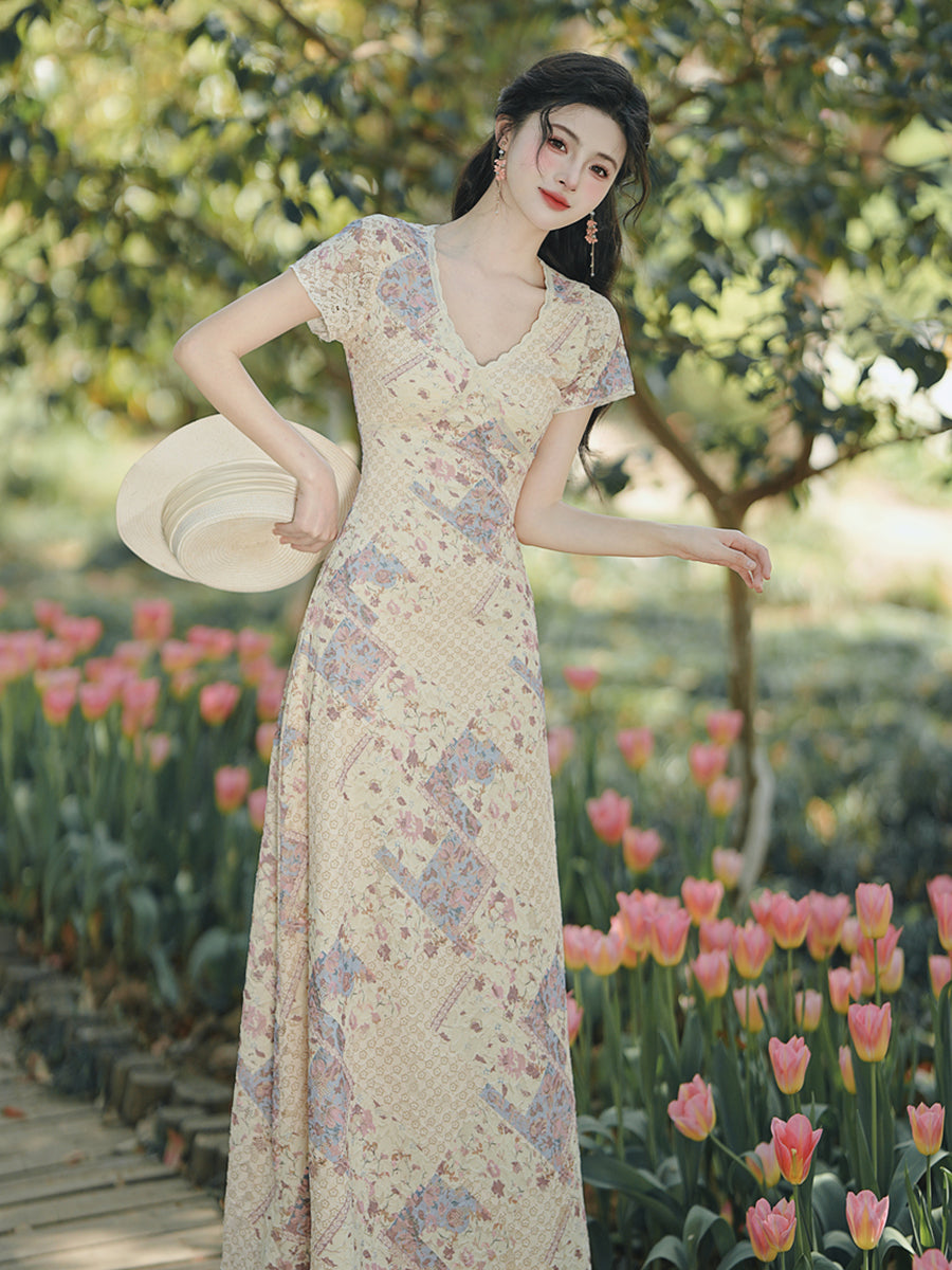 Vintage V-Neck Floral Patchwork Lace-Trim Maxi Dress
