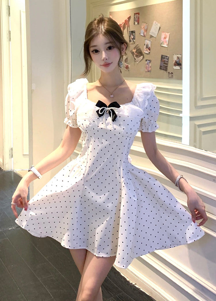 Vintage-Style Milkmaid Dress in Polka Dot White