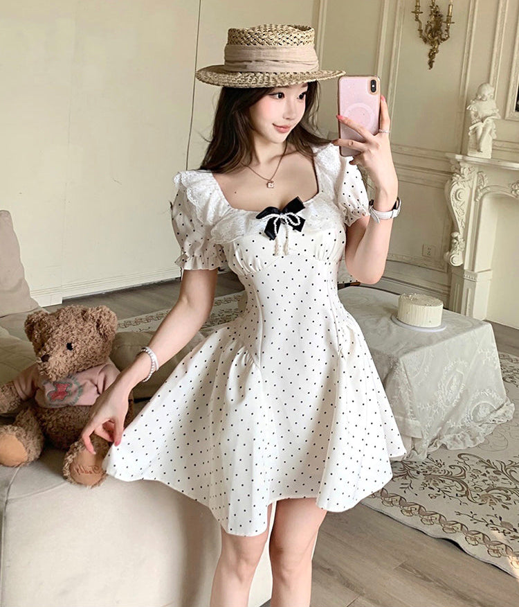 Vintage-Style Milkmaid Dress in Polka Dot White