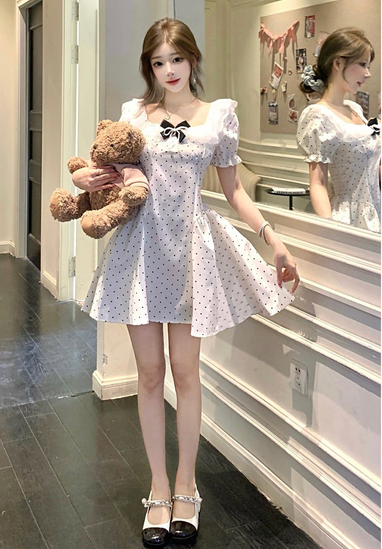 Vintage-Style Milkmaid Dress in Polka Dot White