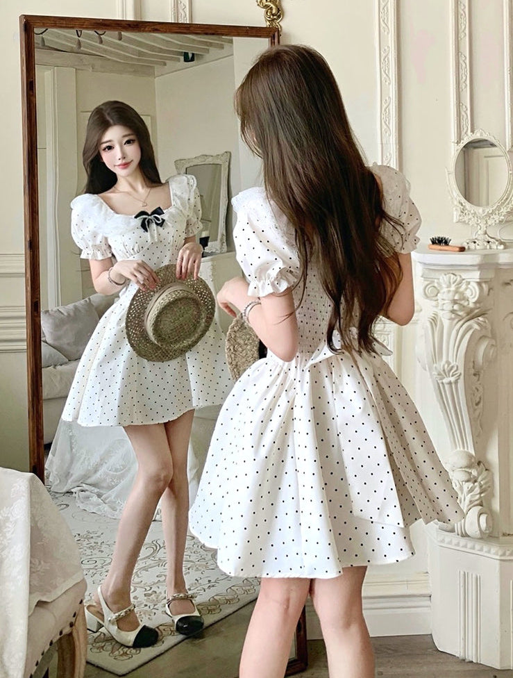 Vintage-Style Milkmaid Dress in Polka Dot White