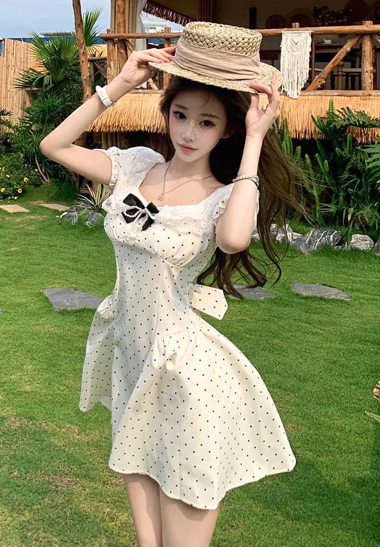 Vintage-Style Milkmaid Dress in Polka Dot White