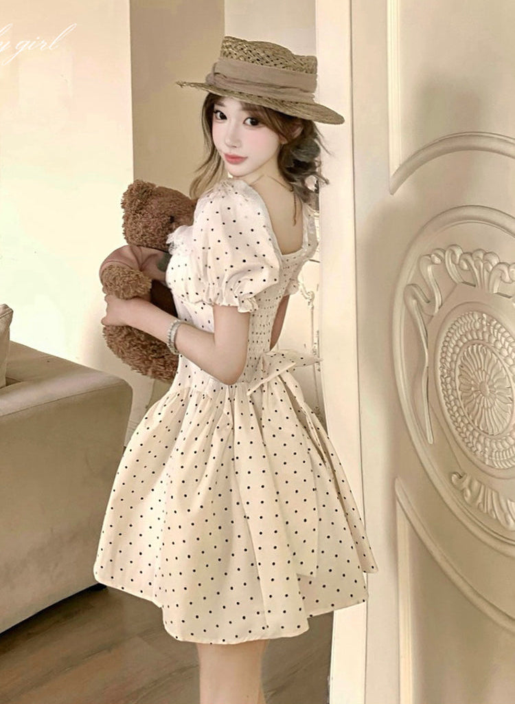 Vintage-Style Milkmaid Dress in Polka Dot White