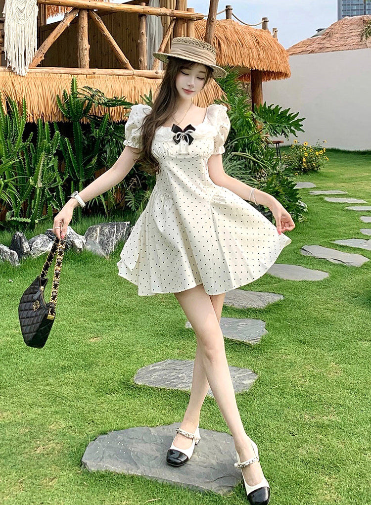 Vintage-Style Milkmaid Dress in Polka Dot White