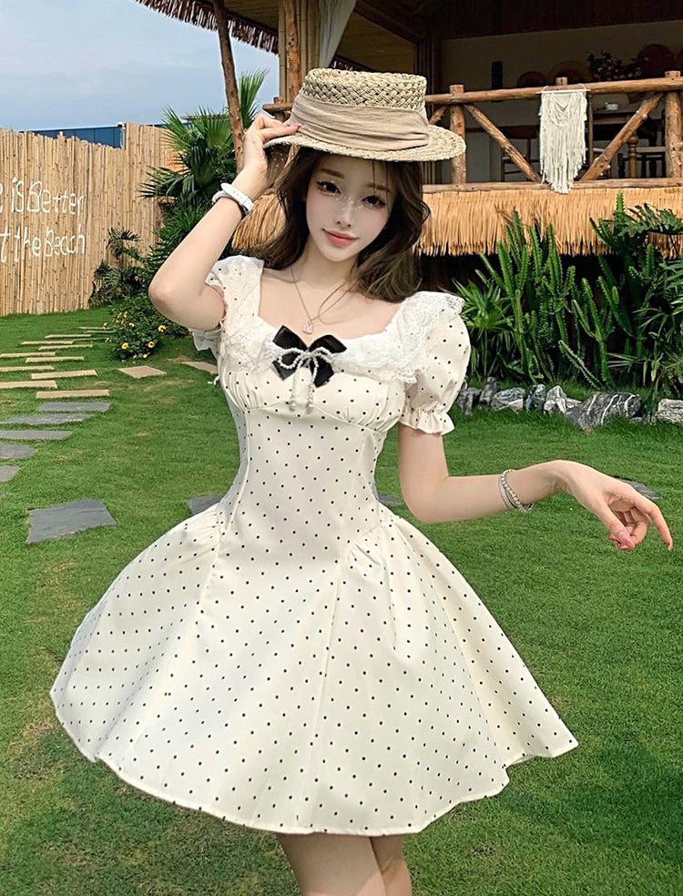Vintage-Style Milkmaid Dress in Polka Dot White