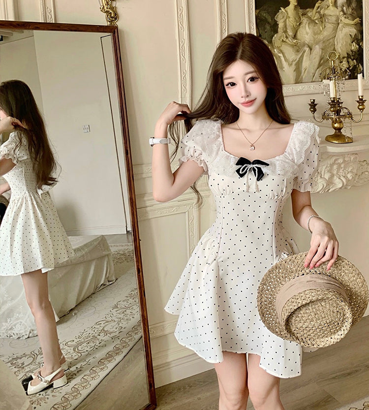 Vintage-Style Milkmaid Dress in Polka Dot White