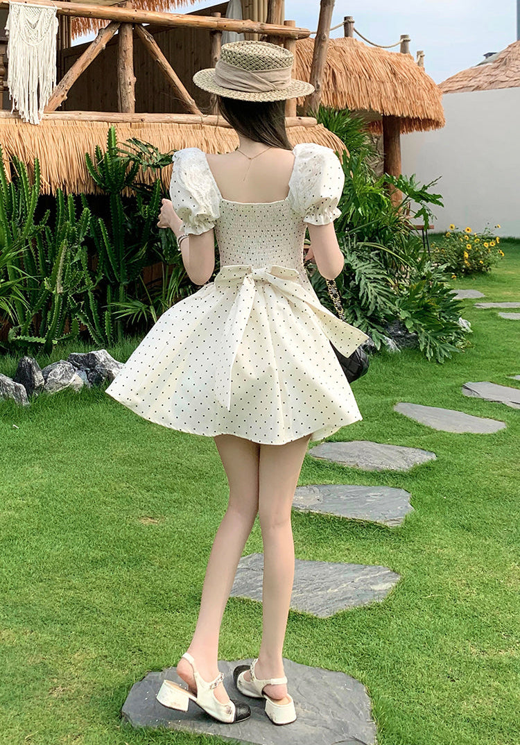 Vintage-Style Milkmaid Dress in Polka Dot White