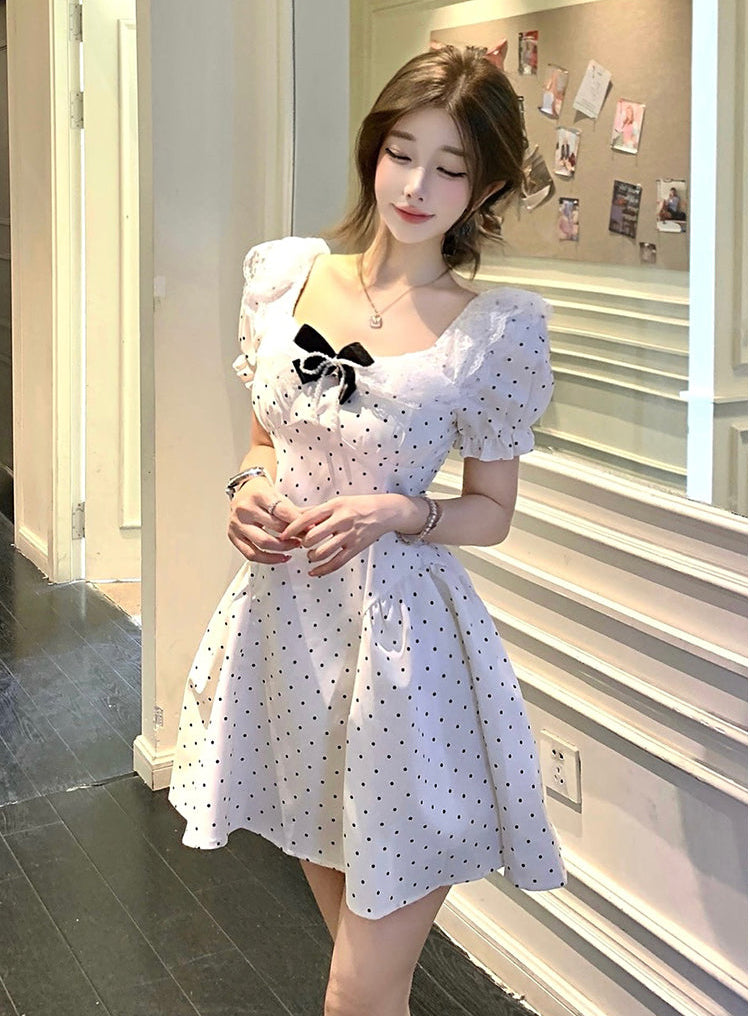 Vintage-Style Milkmaid Dress in Polka Dot White
