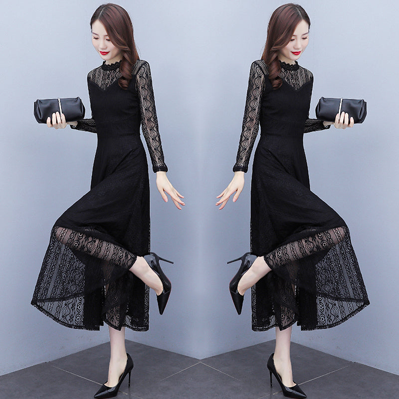 Vivienne High-Neck Floral Lace Evening Maxi Dress in Black