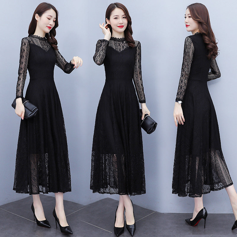 Vivienne High-Neck Floral Lace Evening Maxi Dress in Black