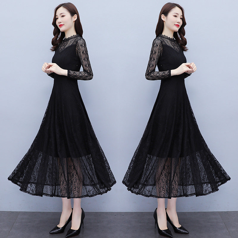 Vivienne High-Neck Floral Lace Evening Maxi Dress in Black