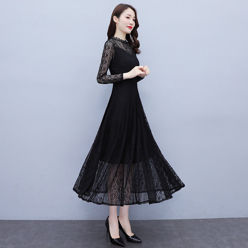 Vivienne High-Neck Floral Lace Evening Maxi Dress in Black