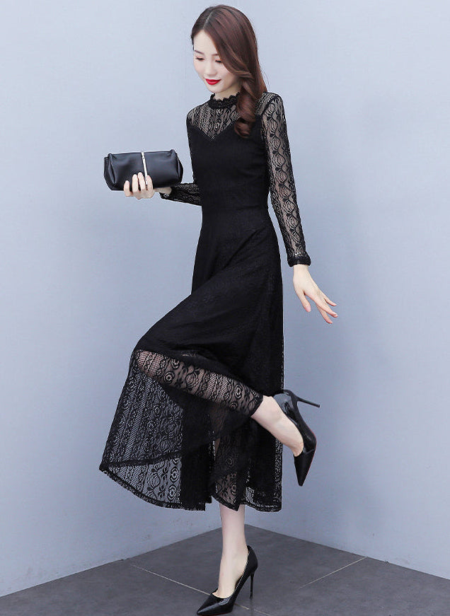 Vivienne High-Neck Floral Lace Evening Maxi Dress in Black