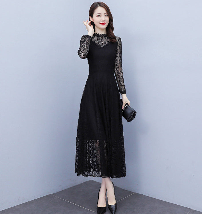 Vivienne High-Neck Floral Lace Evening Maxi Dress in Black