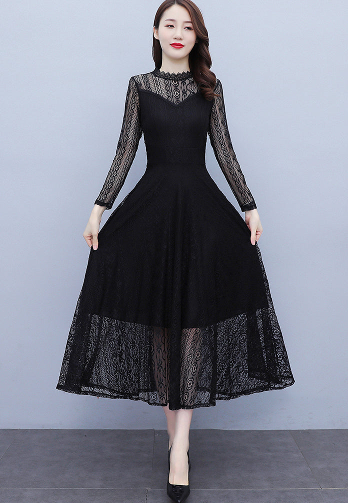 Vivienne High-Neck Floral Lace Evening Maxi Dress in Black