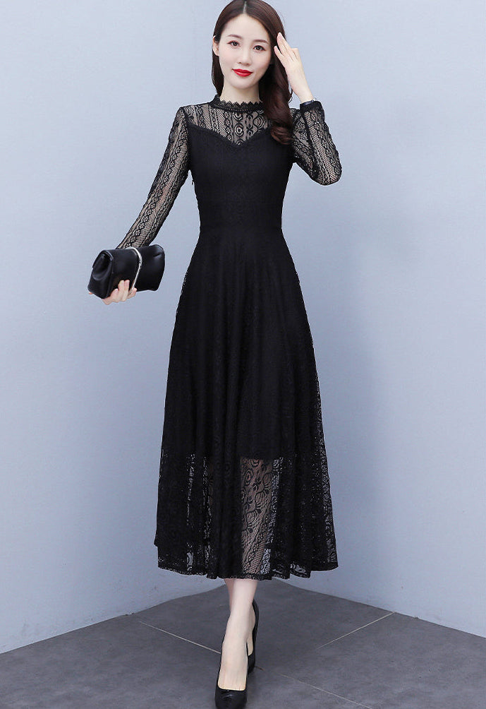 Vivienne High-Neck Floral Lace Evening Maxi Dress in Black