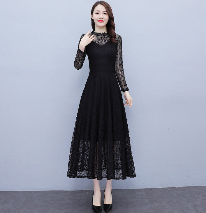 Vivienne High-Neck Floral Lace Evening Maxi Dress in Black