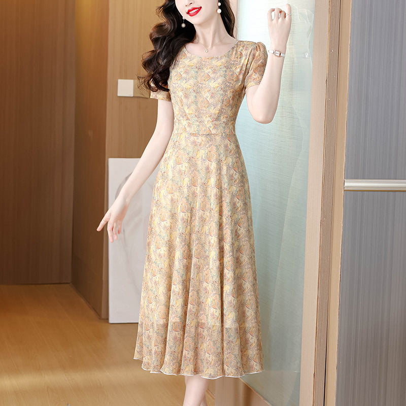 Warm Pastel Floral Mosaic Cocktail Dress - Summer Wedding Guest Midi Dress