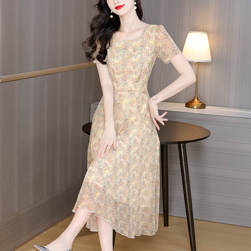 Warm Pastel Floral Mosaic Cocktail Dress - Summer Wedding Guest Midi Dress