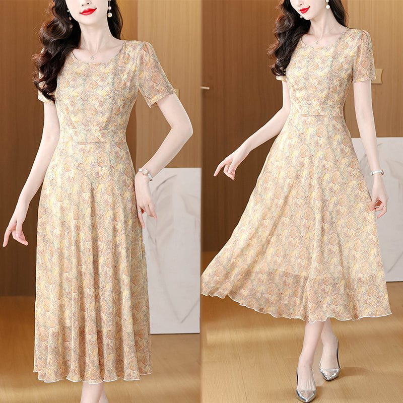 Warm Pastel Floral Mosaic Cocktail Dress - Summer Wedding Guest Midi Dress