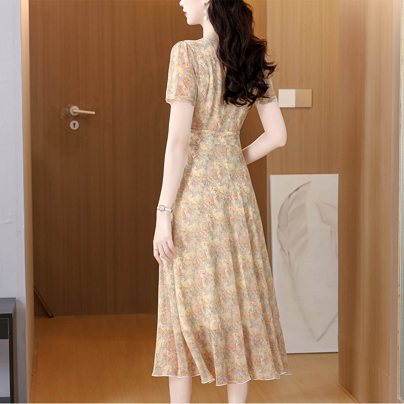 Warm Pastel Floral Mosaic Cocktail Dress - Summer Wedding Guest Midi Dress