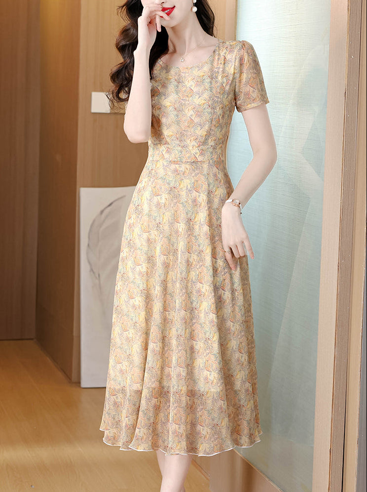 Warm Pastel Floral Mosaic Cocktail Dress - Summer Wedding Guest Midi Dress