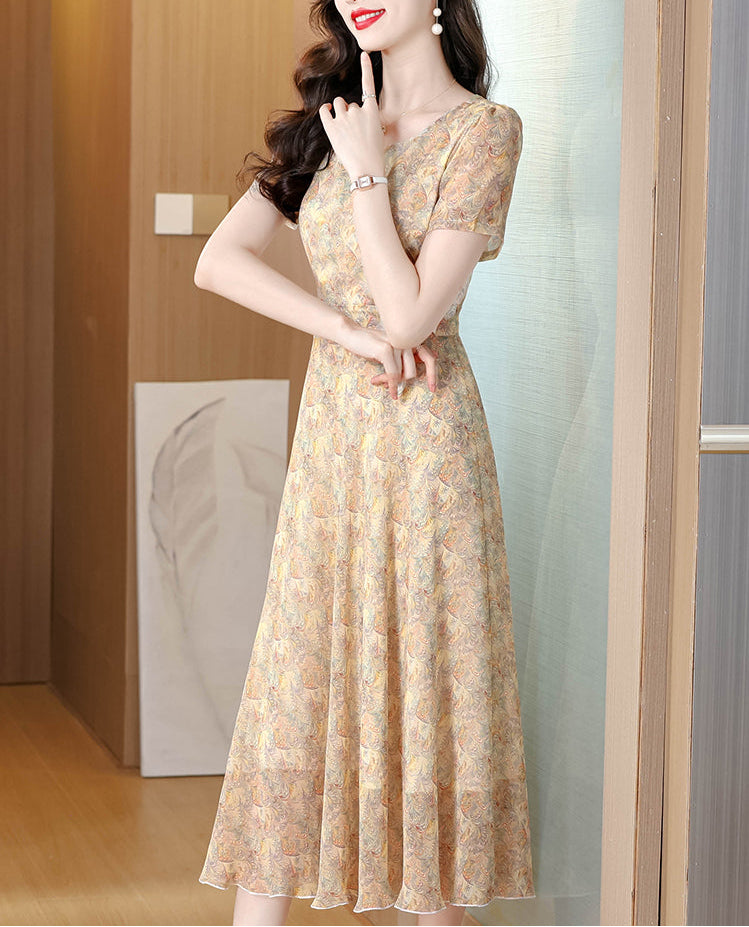 Warm Pastel Floral Mosaic Cocktail Dress - Summer Wedding Guest Midi Dress