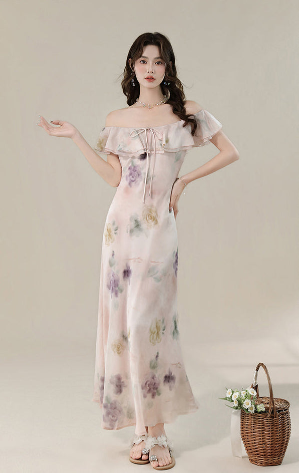 Pastel Floral Off-Shoulder Ruffle Maxi Dress