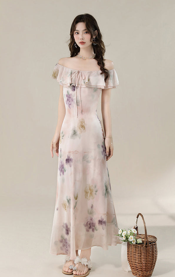 Pastel Floral Off-Shoulder Ruffle Maxi Dress