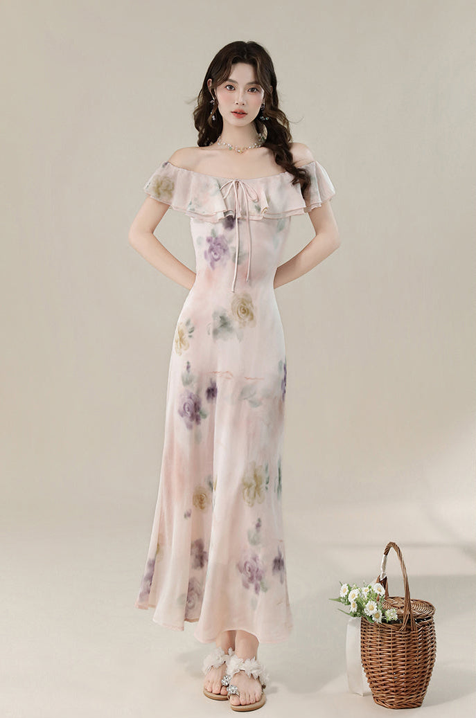 Pastel Floral Off-Shoulder Ruffle Maxi Dress