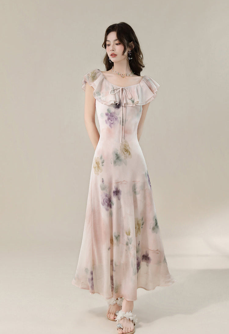 Pastel Floral Off-Shoulder Ruffle Maxi Dress