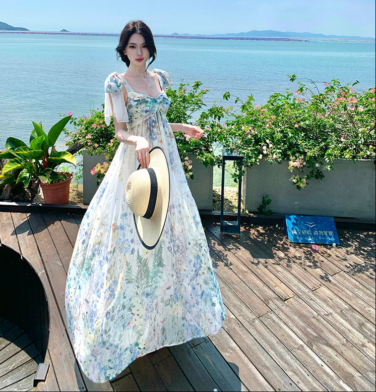 Watercolor Floral Chiffon Tie-Shoulder Maxi Dress