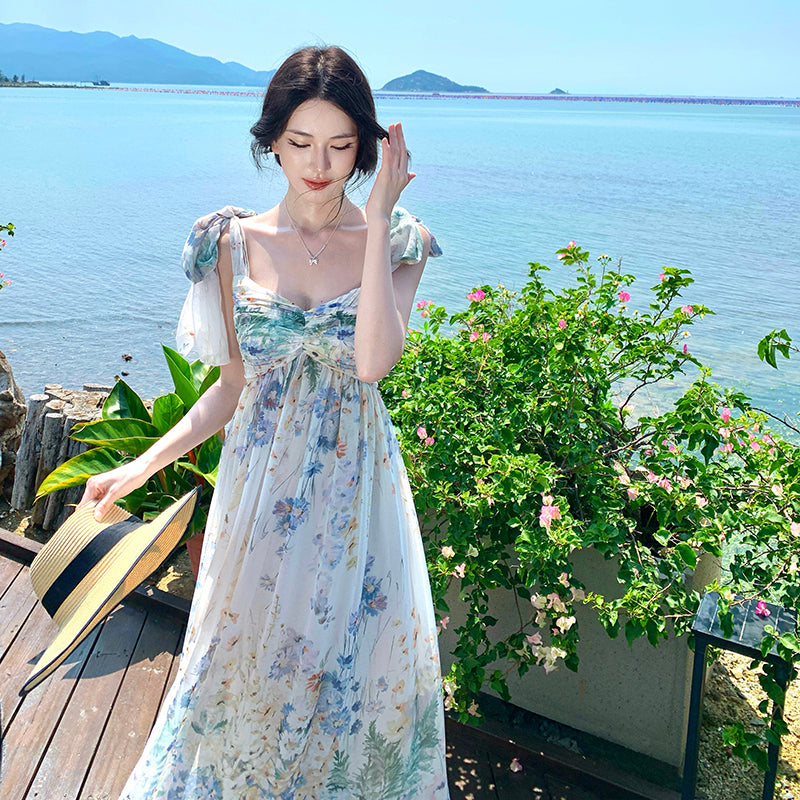 Watercolor Floral Chiffon Tie-Shoulder Maxi Dress