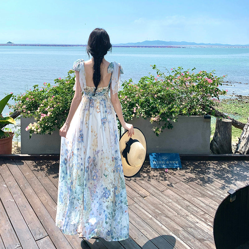 Watercolor Floral Chiffon Tie-Shoulder Maxi Dress