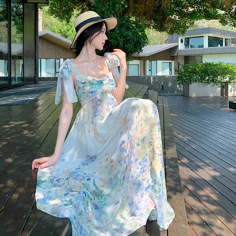 Watercolor Floral Chiffon Tie-Shoulder Maxi Dress