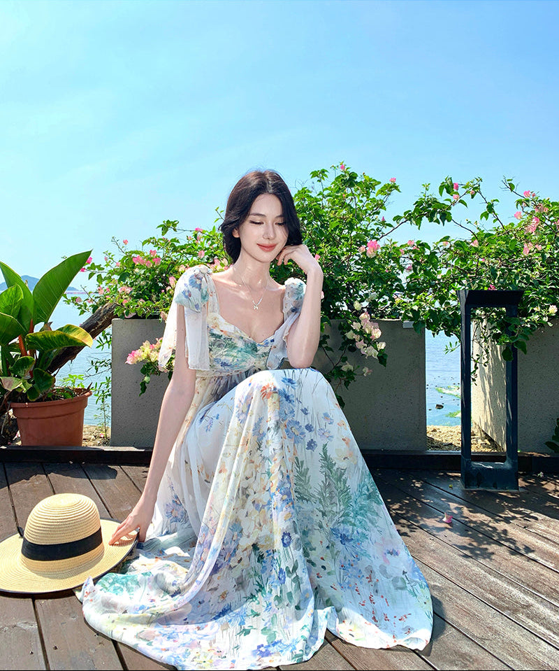 Watercolor Floral Chiffon Tie-Shoulder Maxi Dress