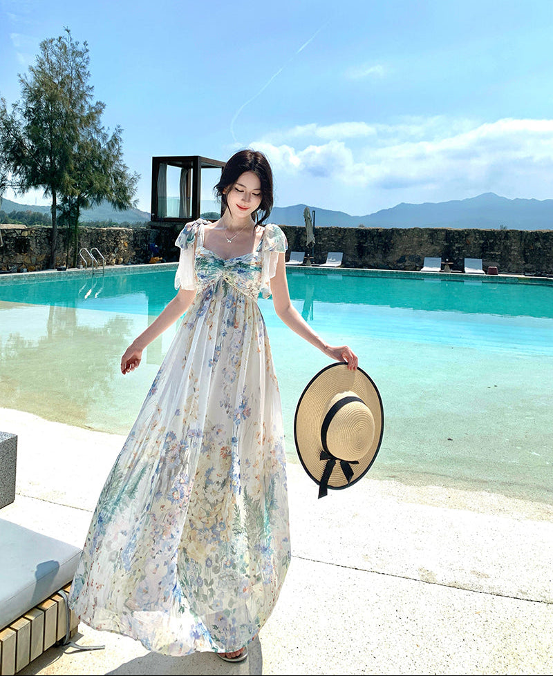 Watercolor Floral Chiffon Tie-Shoulder Maxi Dress
