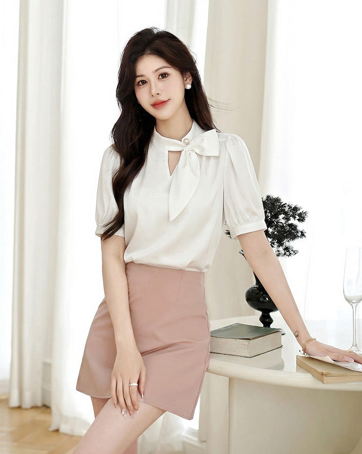 Elegant Mock Neck Bow Blouse