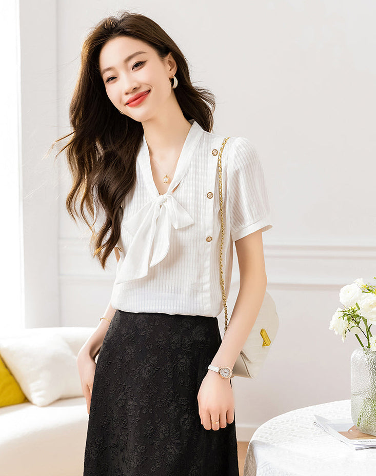 Elegant Short Sleeve Tie-Neck Blouse