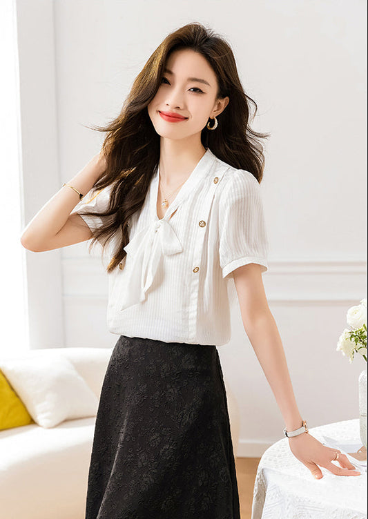 Elegant Short Sleeve Tie-Neck Blouse