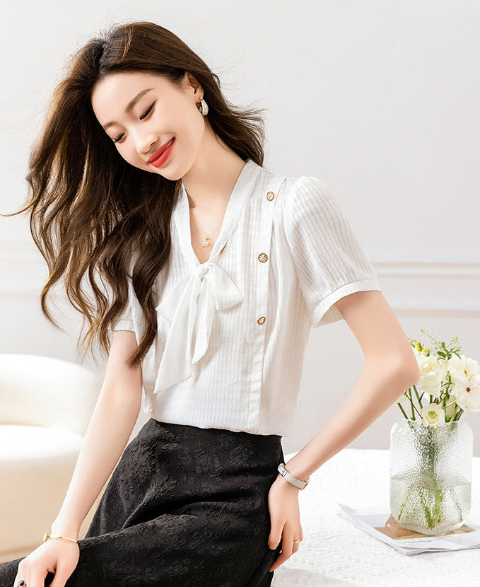 Elegant Short Sleeve Tie-Neck Blouse