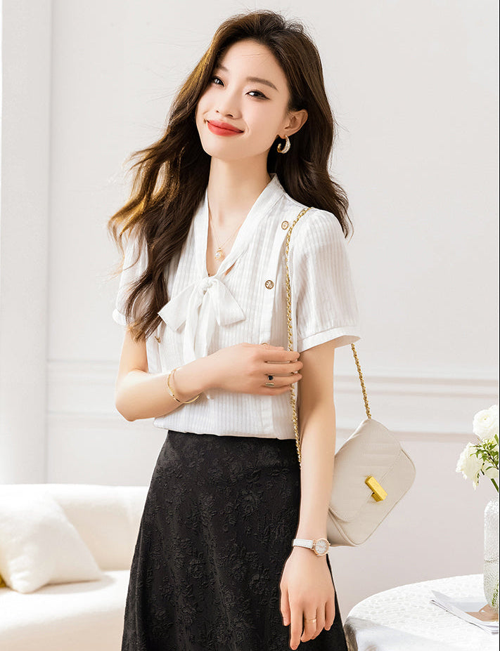 Elegant Short Sleeve Tie-Neck Blouse
