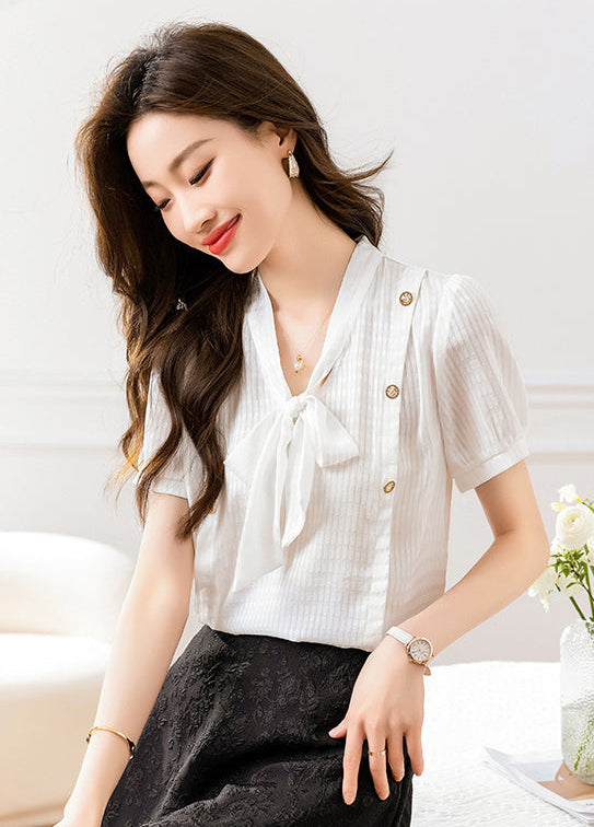 Elegant Short Sleeve Tie-Neck Blouse