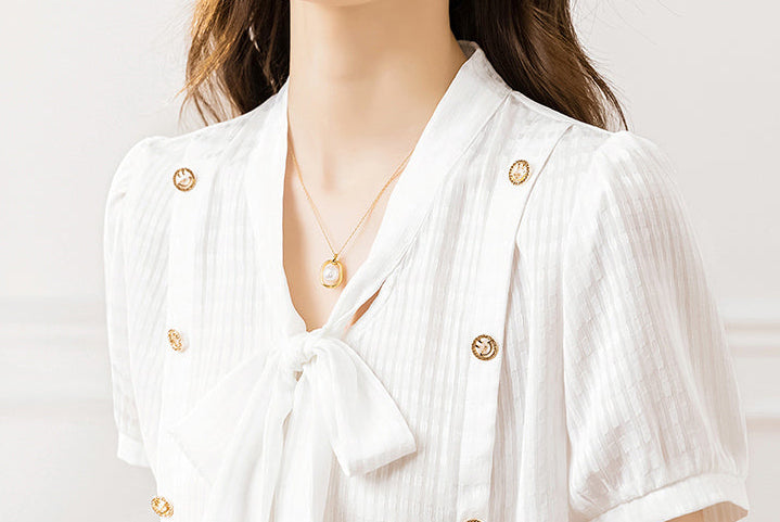 Elegant Short Sleeve Tie-Neck Blouse