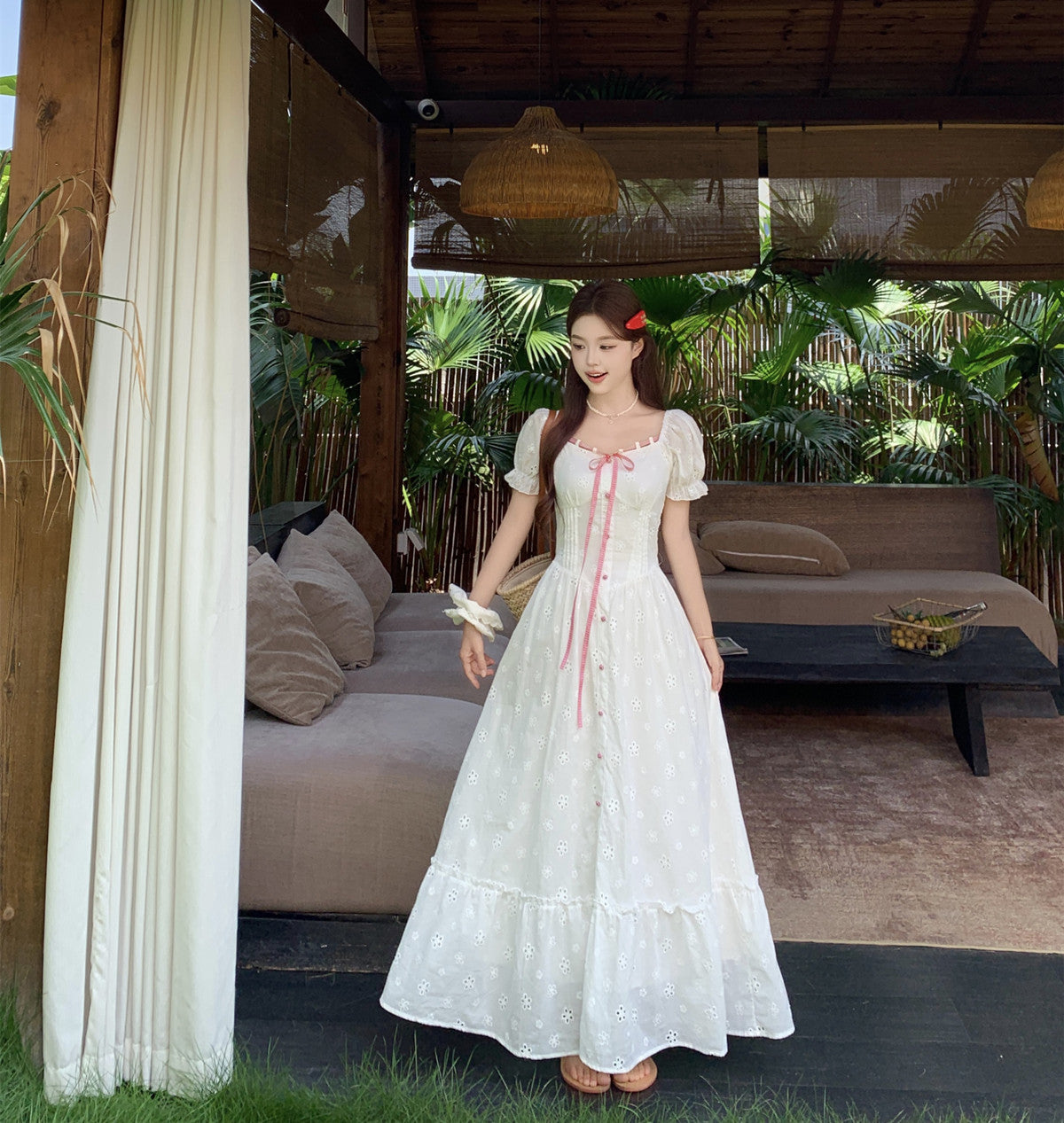 White Floral Embroidery Tiered Maxi Dress