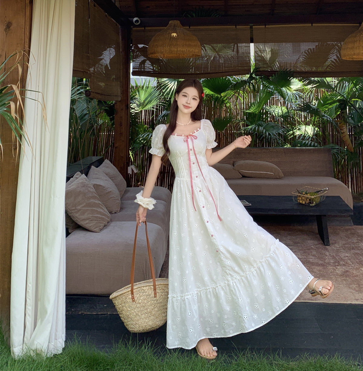 White Floral Embroidery Tiered Maxi Dress