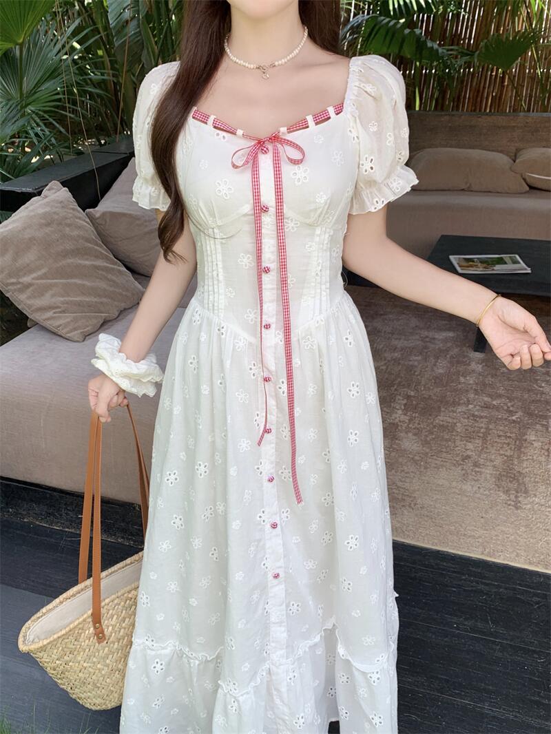 White Floral Embroidery Tiered Maxi Dress
